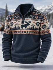 Pull en flanelle décontracté à fermeture éclair pour homme, motif orignal, collection hiver