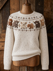 Pull col rond pour femme à imprimé vaches des Highlands vintage Yoke Isle