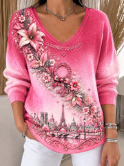 Pull Femme France Cancer Du Sein Floral Barbie Rose Imprimé Décontracté à Col V