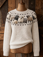 Vintage Fuzzy Sheep Yoke Isle Print ras du cou chandail des femmes