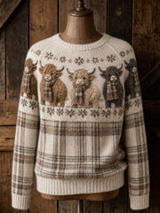 Pull col rond vintage pour femme, motif vaches des Highlands et tartan écossais