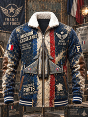 Veste zippée décontractée en patchwork de laine d’agneau pour homme, imprimé graffiti représentant un avion de chasse Rafale de l’armée de l’air française