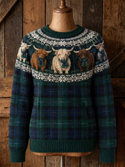 Pull col rond vintage pour femme, motif vaches des Highlands et tartan écossais