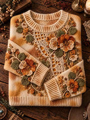Pull Femme Vintage Artistique Floral Imprimé Dentelle