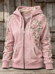 Vintage Rose Roses Christian Croix Floral dentelle Art Print Full Zip Hoodie des femmes
