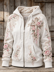 Sweat à capuche zippé intégral pour femme, imprimé artistique en dentelle florale avec roses roses vintage et croix chrétienne
