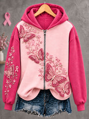 Sweat-shirt à capuche zippé pour femmes Breast Cancer Butterfly Art