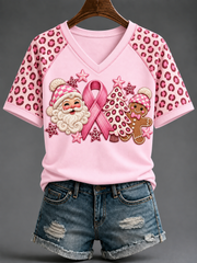 T-shirt femme rose à manches courtes col V Noël épaules dénudées