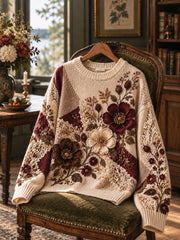 Pull à col rond rétro pour femme, motif floral patchwork artistique