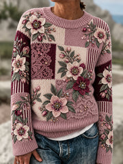 Femme Rétro Floral Dentelle Imprimée Patchwork Ras du cou Pull
