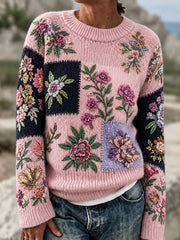 Retro Floral Patchwork ras du cou Pull Femme