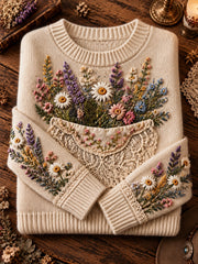 Retro Artistic Pastoral Floral Crew-Neck Pullover Femme