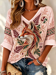 Top Décontracté à Col en V Vintage Basque Fox Femme