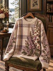 Pull col rond à carreaux à imprimé floral rétro Femme