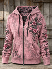 Femmes Vintage Rose Ruban Gothique Croix Roses Floral Art Imprimer Full Zip Hoodie