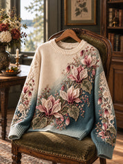 Femme Rétro Floral Patchwork Dégradé Col Rond Pull