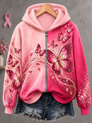 Sweat à capuche zippé pour femme, motif papillon et cancer du sein