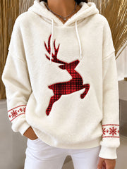 Sweat à capuche en flanelle imprimé renne de Noël pour femmes