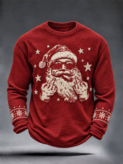 Christmas Santa Print Waffle T-shirt à manches longues pour hommes
