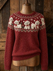 Vintage Noël maltais chiens Yoke Isle Print ras du cou des femmes pull