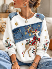 Pull Décontracté à Imprimé Cerf de Noël pour Femme