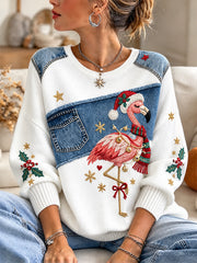 Pull décontracté à imprimé flamant de Noël pour femmes