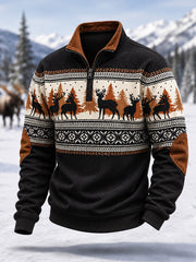 Men's Winter Deer Print Casual Zipper Corduroy Pullover