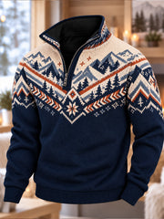 Sweat-shirt à demi-fermeture zippée imprimé de style nordique pour homme