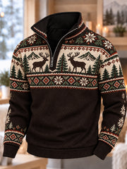 Sweat-shirt à demi-fermeture zippée imprimé de style nordique pour homme