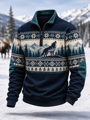 Pull décontracté en velours côtelé à imprimé loup d'hiver pour hommes