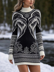 Robe mini pull col montant imprimée avec motifs de nœuds celtiques et ailes vikings pour femme