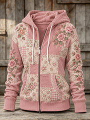 Sweat à capuche décontracté pour femme, motif floral rose, fermeture éclair