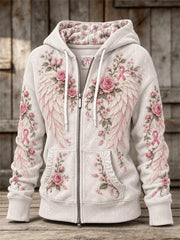 Sweat à capuche zippé intégral pour femme, motif floral avec ailes rétro et roses du ruban rose