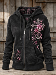 Sweat à capuche zippé intégral pour femme, style vintage, avec ruban rose, croix gothique et imprimé floral de roses pailletées