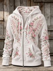 Sweat à capuche zippé intégral pour femme, motif floral avec ailes rétro et roses du ruban rose