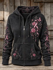 Sweat à capuche zippé intégral pour femme, imprimé floral vintage avec ruban rose, croix gothique et papillons roses