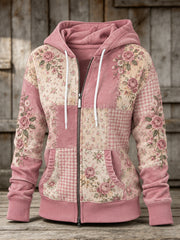 Sweat à capuche décontracté pour femme, motif floral rose, fermeture éclair