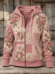 Sweat à capuche décontracté pour femme, motif floral rose, fermeture éclair