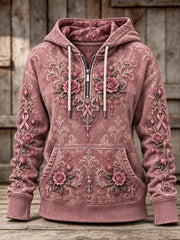 Sweat à capuche décontracté à demi-fermeture zippée pour femme, motif rose et ruban de la solidarité rose