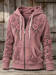 Sweat à capuche décontracté zippé pour femme, motif rose et ruban de la solidarité rose