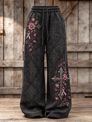 Femmes Vintage Gothique Croix & Rose Ruban Roses Imprimé Floral Jambe Large Pantalon de Survêtement