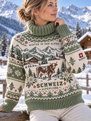 Pull col roulé graphique commémoratif pour femmes, style alpin