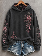 Sweat à capuche vintage pour femme, imprimé floral rose avec ruban et croix gothique