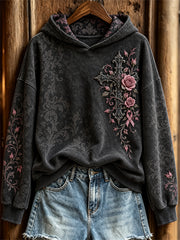 Sweat à Capuche Femme Vintage Gothic Cross & Rose Ruban Roses Imprimé Floral