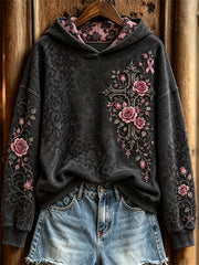 Sweat à capuche vintage gothique pour femme, motif floral avec croix et roses ruban rose en dentelle