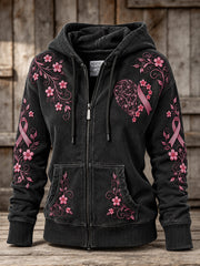 Sweat à capuche décontracté zippé pour femme, motif floral rose et ruban rose de la solidarité