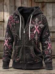 Femmes Vintage Floral Rose Ruban Gothique Croix Imprimer Full Zip Hoodie