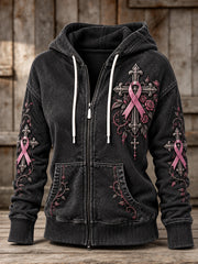 Sweat à capuche zippé intégral pour femme, style vintage, motif floral rose avec ruban et croix gothique