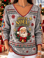 Pull décontracté à col en V pour femme, imprimé de Noël français gris