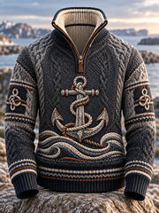 Retro Nordic Coastal Culture Anchor-Print Artistic Zipper Sweatshirt